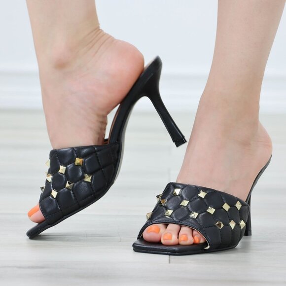 Shoes - Blak High Heel Sandals Square Open Toe Slip On Mules Stiletto's